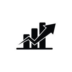 Black business growth icon with rising arrow and bar chart on white background representing financial success and data analytics