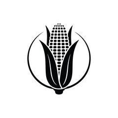 Black and white corn icon with husk and circular frame in minimalist silhouette style