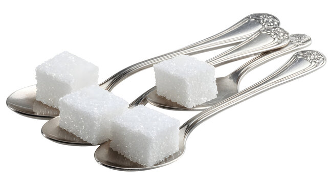 Four teaspoons of sugar cubes isolated on a white background