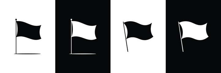 Set of black and white flag icons, minimalist waving flag silhouettes on flagpoles in contrasting backgrounds, flat design symbols