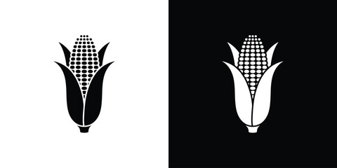 Black and white corn icon on split background, minimalist maize vector silhouette for agriculture or food design