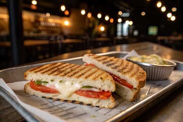 Delicious grilled sandwich with fresh tomatoes and cheese served in a cozy café setting