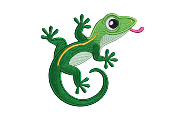 Green gecko with yellow stripe and pink tongue lizard
