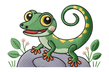 Green gecko with yellow spots and pink cheeks big eyes