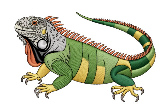 Green iguana embroidery reptile yellow