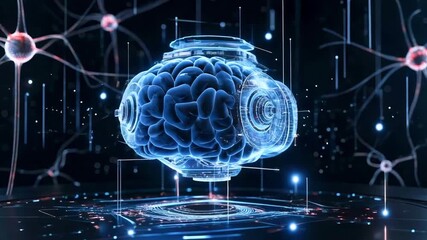 Futuristic holographic brain model showcasing neural connections and technology in a digital environment - Powered by Adobe