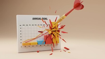 Dart hitting a chart representing annual goals, with shards flying in a dynamic and colorful display - Powered by Adobe