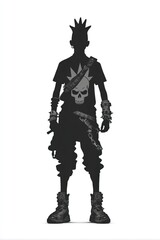 Fototapeta premium Silhouette of a punk figure with spiky hair, skull shirt, and combat boots