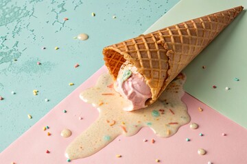 Melting ice cream cone spills colorful toppings on a pastel background, evoking summer fun