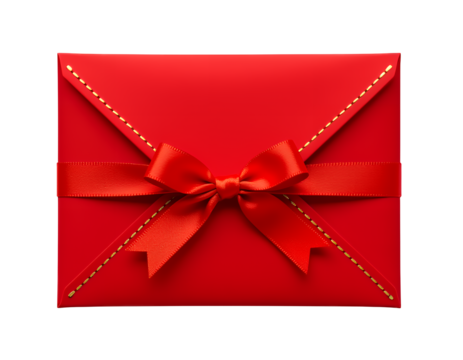 Red Envelope with Bow, Glossy Crimson Gift Packaging on Transparent Background, Design Element