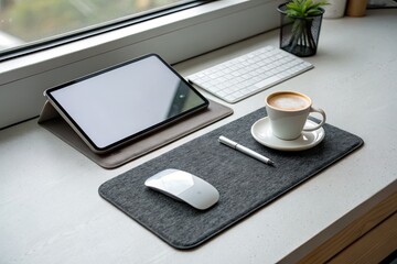 Modern workspace with tablet, coffee cup, and accessories on a desk by a window with greenery