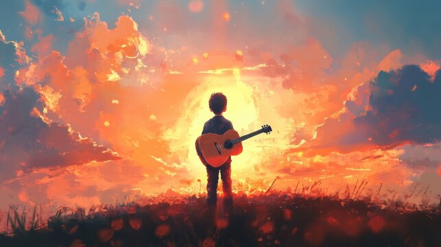 Young musician's silhouette against a vivid sunset promises a harmonious melody