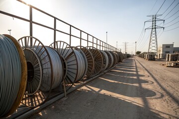 Rows of large wire coils in an industrial area during sunset, casting long shadows