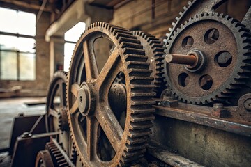 Rusty gears and machinery in an abandoned industrial setting with natural light streaming through windows