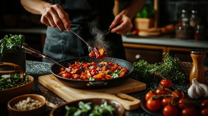 Obraz premium Cooking delicious chicken dish home kitchen food photography warm lighting close-up culinary artistry
