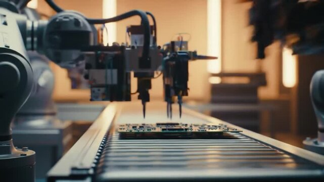 Automated robotics placing components on circuit board via conveyor system