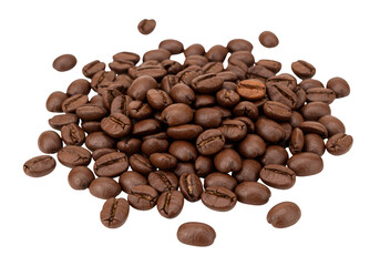 A pile of roasted coffee beans isolated on a transparent background