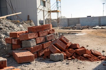 Stacked bricks on a construction site with machinery in the background under clear skies