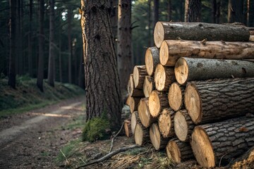 Stacked logs in a serene forest setting along a winding dirt path, showcasing nature's beauty
