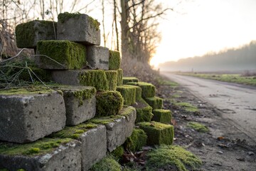 Stacked moss-covered stones beside a misty road at sunrise, showcasing nature's beauty