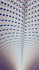 Abstract tunnel-like pattern with rainbow chromatic waves and optical distortion. Symmetrical digital texture with geometric repetition and glitch effect.