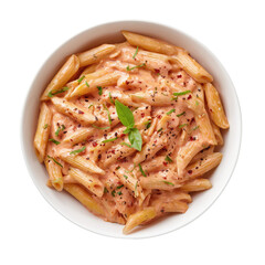 Penne alla Vodka pasta in a pink tomato cream sauce isolated on white background, italian collection