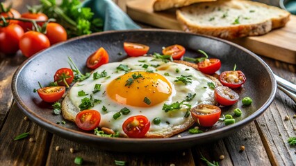 Breakfast of scrambled eggs, sausages in a black plate. 
