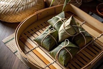 Traditional rice dumplings wrapped in bamboo leaves, beautifully arranged on a wooden steamer