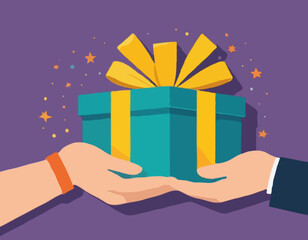 Gift reward program, bonus or surprise present for customer, employee reward or lucky prize, birthday gift box or festive incentive, special loyalty program concept, hand giving gift box with ribbon.