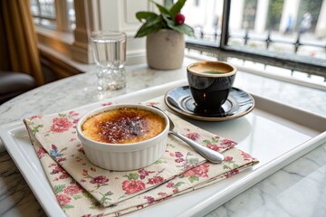 A beautifully presented cr&egrave;me br&ucirc;l&eacute;e and espresso on a floral napkin in a cozy caf&eacute; setting