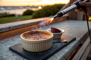 A chef caramelizing a cr&egrave;me br&ucirc;l&eacute;e with a torch at sunset, showcasing a scenic waterfront