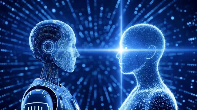 Futuristic interaction between a humanoid robot and a digital human in a cosmic background