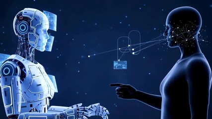 Futuristic interaction between a humanoid robot and a human, showcasing advanced technology and AI communication - Powered by Adobe