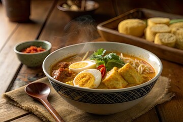 A steaming bowl of flavorful noodle soup with tofu, egg, and herbs on a wooden table
