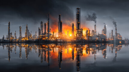 Fototapeta premium Night Scene of an Industrial Cityscape with Fire and Smoke Reflections