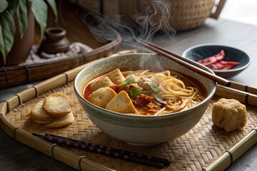 A steaming bowl of spicy noodle soup with tofu and herbs, served in a cozy kitchen setting