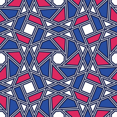 Seamless abstract pattern with an intricate geometric mosaic design of blue, red, and white polygons in a modern colorful style. Vector illustration for printing, textile, wallpaper, and wrapping.