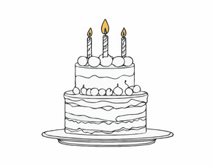 continuous single line drawing of birthday cake with candle on top, line art vector illustration