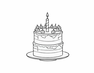 continuous single line drawing of birthday cake with candle on top, line art vector illustration