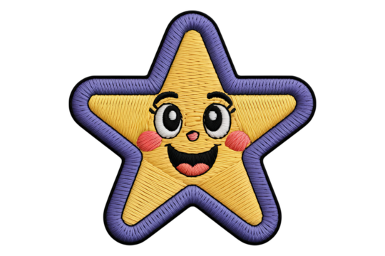 Happy embroidered star with purple border yellow blue