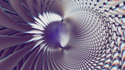Dynamic abstract spiral with chromatic distortion and curved glitch patterns. Vortex-like digital design with symmetry, movement, and retro-futuristic texture.