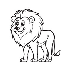 Cute lion coloring page for kids. Cartoon safari animal line art illustration. Black and white outline of a wild cat for children's activity book.