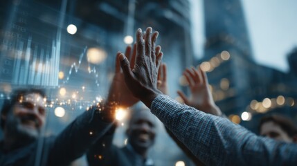 Diverse Business Team Celebrating Success with High Five in Modern Office, Financial Growth Chart Overlay, Collaboration and Achievement, Corporate Strategy