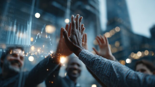 Diverse Business Team Celebrating Success with High Five in Modern Office, Financial Growth Chart Overlay, Collaboration and Achievement, Corporate Strategy