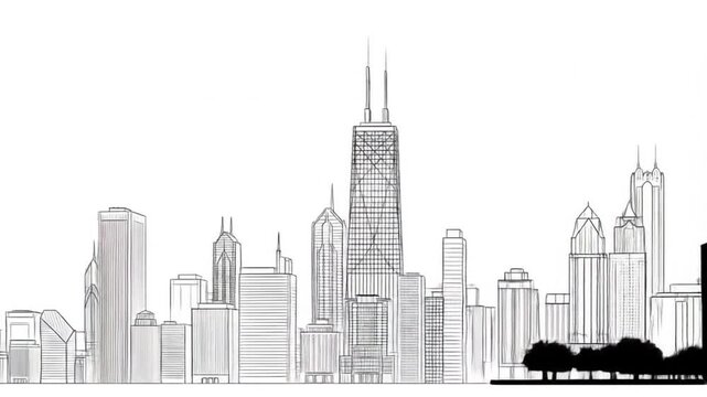 Cartoon wireframe sketch of Chicago skyline, perfect for travel brochures, city guides, websites, and promotional materials with a modern touch.