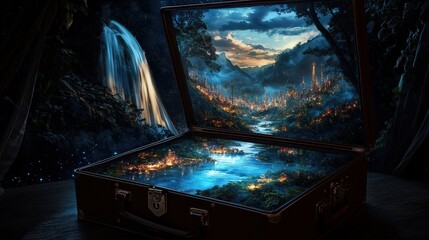 Mystical landscape revealed in suitcase enchanted forest artwork nighttime perspective imagination for seo impact