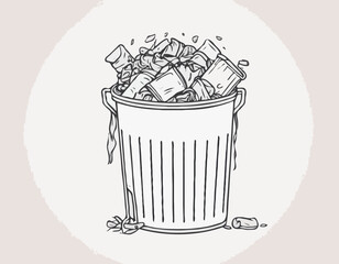 continuous single line drawing of trash can overflowing with trash bags, line art vector illustration