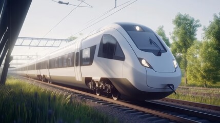 Naklejka premium Modern high-speed train traveling through scenic countryside at sunrise. (1)