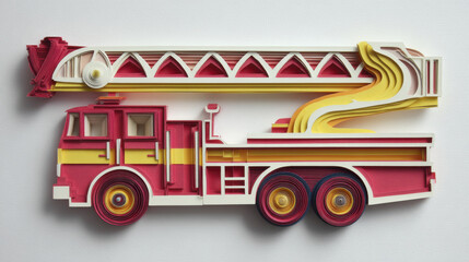 Fire truck paper cut art with extended ladder and hose in bold red and yellow colors, showcasing intricate layered design and creative craftsmanship on white background