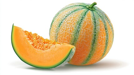Whole, striped melon beside a juicy slice with seeds on a clean white background